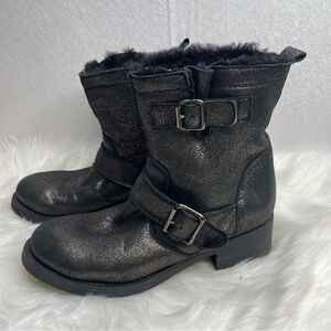 Barneys New York Fur Lined Metallic Moto Boot Black 37